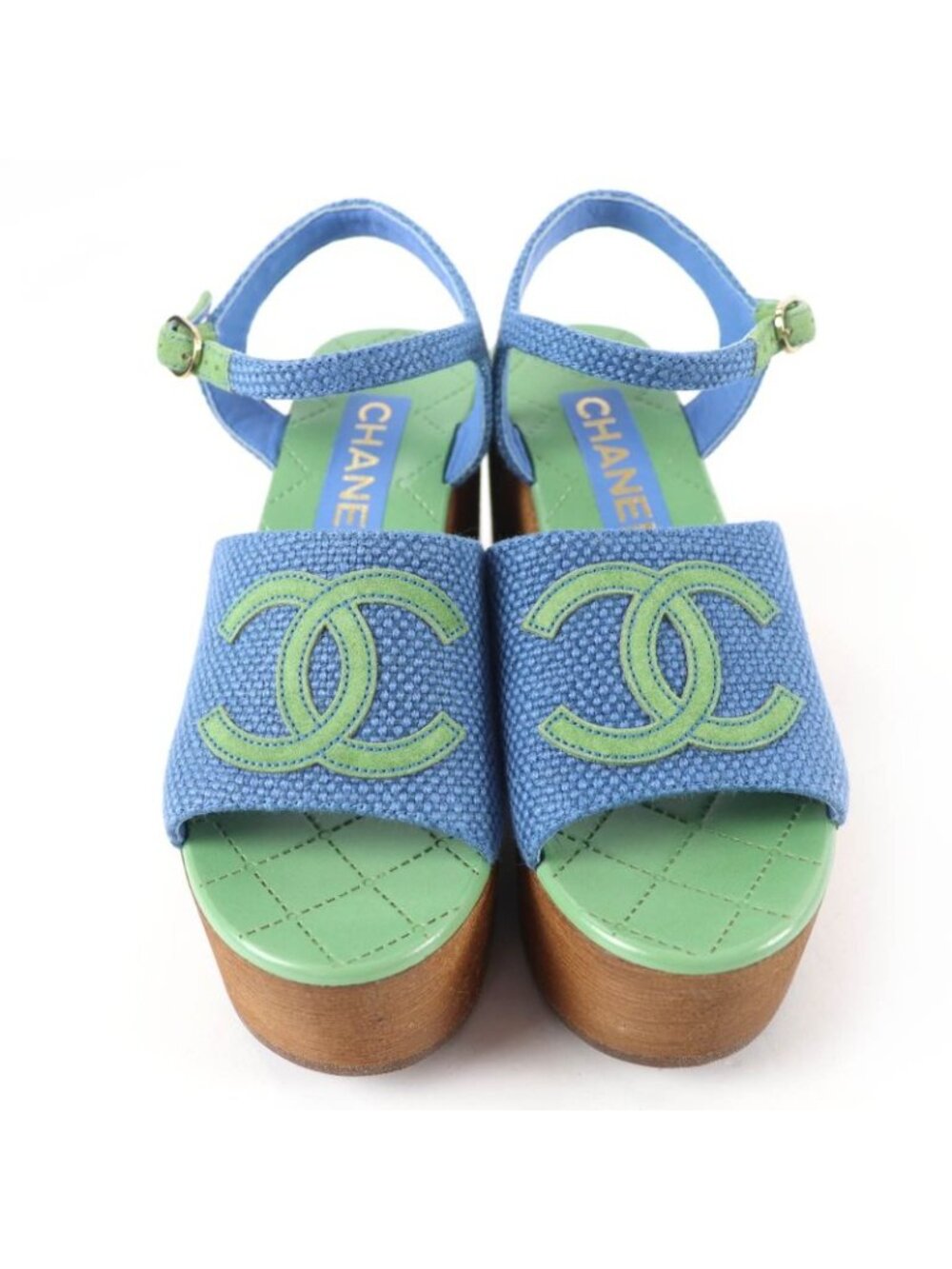 Chanel CC Logo Ankle Strap Wedge Sole Sandals Blue Green 35 - Picture 3 of 11